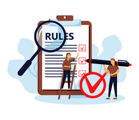 Rules vector illustration. Flat tiny regulations checklist persons concept. Restricted graphic writing with law information. Society control guidelines and strategy for company order and restrictions.