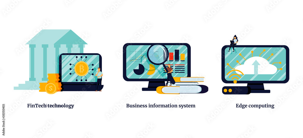 Aufkleber it infrastructure and technology integration abstract concept vector illustration set. fintech techn