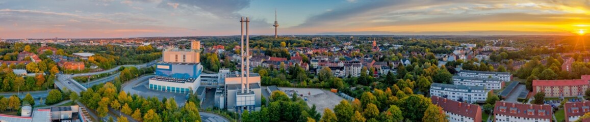 Panorama aerial view of district Hassee-Vieburg and television tower of Kiel, Schleswig-Holstein,...