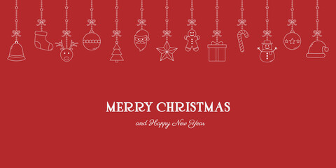 Hanging Christmas ornaments on red background with wishes. Xmas greeting card in cartoon style. Vector