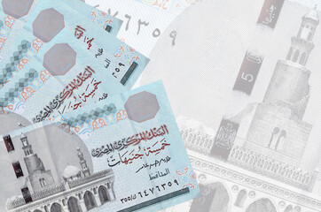 5 Egyptian pounds bills lies in stack on background of big semi-transparent banknote. Abstract...