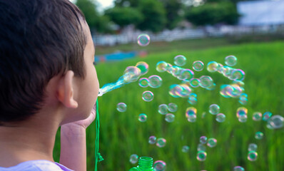 A little Asian boy blowing bubbles, playing with joy and happiness in the beautiful and green...