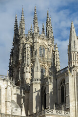 Fototapeta premium Detail of tower of the Cathedral in Gothic style, municipality and province of Burgos, autonomous community of Castile and Leon, Spain