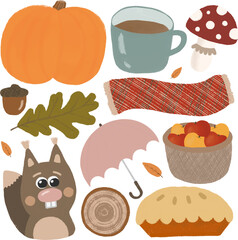 Fall styled vibes. Scandinavian hygge concept. Cozy autumn illustration with a pumpkin, a cup of tea, leaves, a basket of apples, a scarf, an umbrella, an amanita mushroom, an acorn and a squirrel.