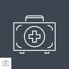 First aid kit related vector thin line icon. Medical Suitcase with a medical cross sign. Isolated on black background. Editable stroke. Vector illustration.