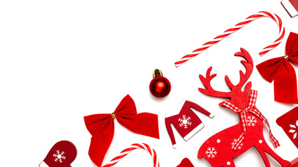 Christmas background white. Stocking, gifts, winter tree, ribbon and bow in shape frame on white background for greeting card. Christmas, winter, new year concept.