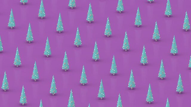Blue minimalist christmas trees. Glowing decoration, purple background. Abstract animation, 3d render.