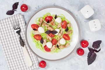 Zucchini spaghetti with chicken, mozzarella and cherry tomatoes