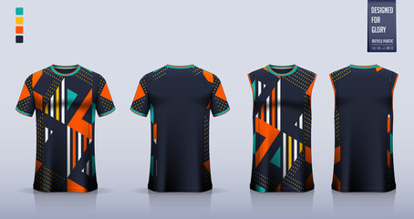 Blue t-shirt mockup, sport shirt template design for soccer jersey, football kit. Tank top for basketball jersey, running singlet. Fabric pattern for sport uniform in front view back view. Vector.