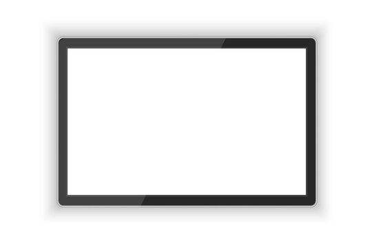 Realistic mock up monitor with blank screen on white background. TV screen model. Slim display. Template for interface design. Vector illustration
