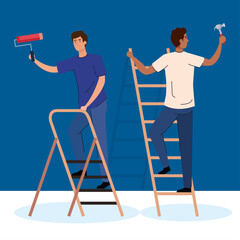 men with construction hammer paint roll and ladder design of remodeling working and repairing theme Vector illustration © Gstudio