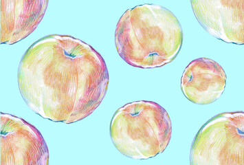 apple patern illustration raster color pencils.  realistic image. hand-drawn. typography, textiles pillows, dresses, curtains, notepads, designer paper. 