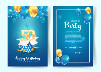 Celebration of 50 th years birthday vector invitation card. Fifty years anniversary celebration brochure. Template of invitational for print on blue background