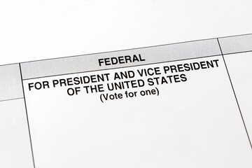 Voting ballot for president of United States of America. Concept of absentee and vote by mail during Covid-19 coronavirus pandemic.