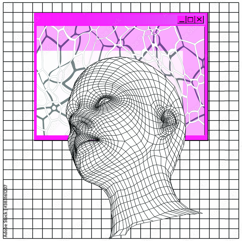 Aufkleber retrofuturistic vector collage of user interface elements and 3d head in cartoon anime or manga styl