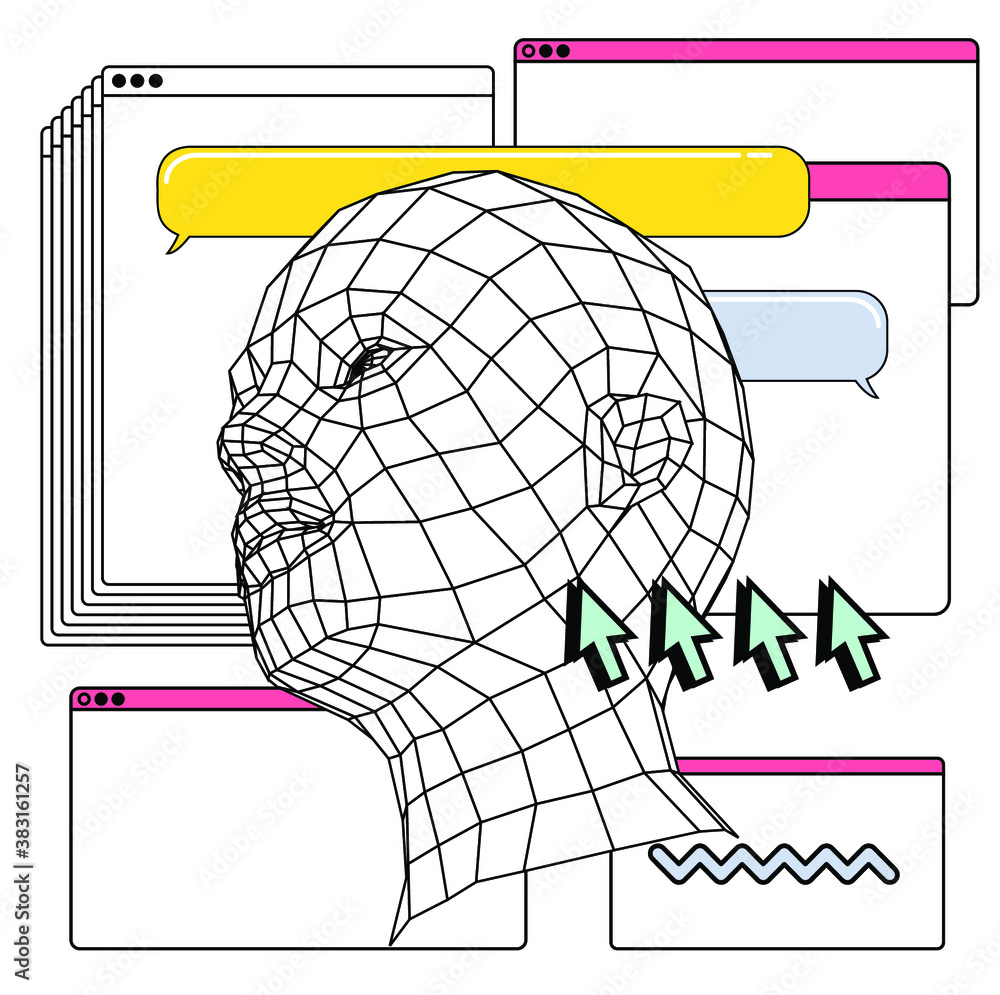 Aufkleber retrofuturistic vector collage of user interface elements and 3d head in cartoon anime or manga styl
