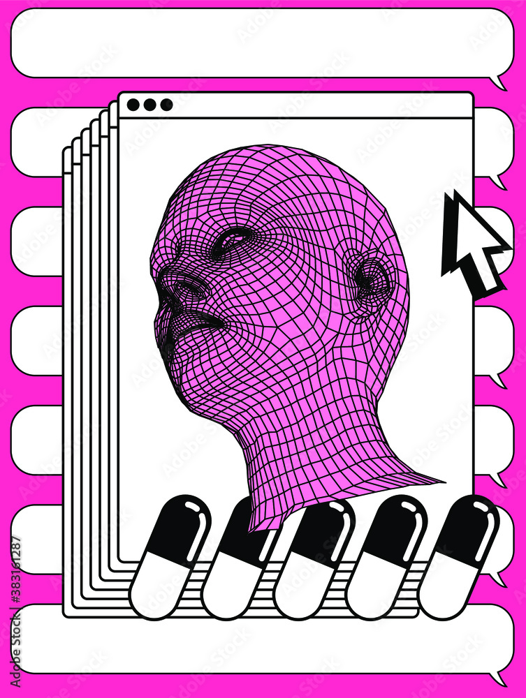Poster retrofuturistic vector collage of user interface elements and 3d head in cartoon anime or manga styl