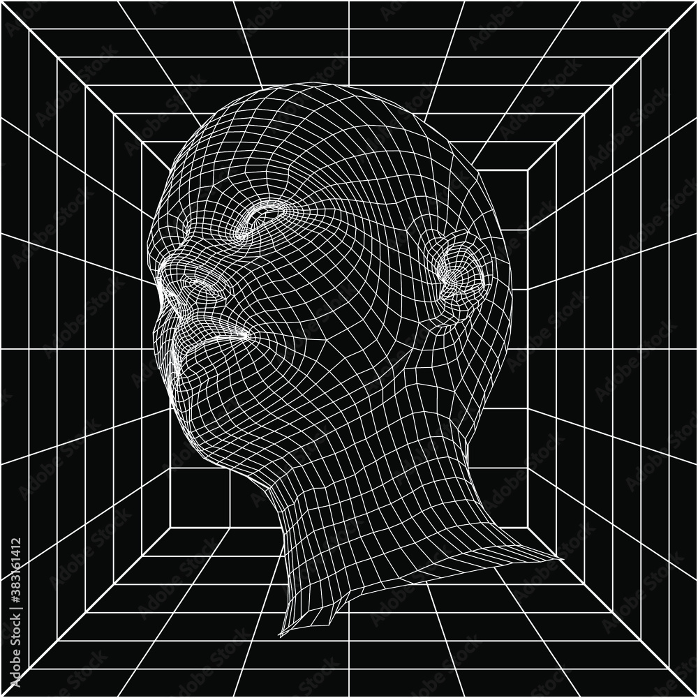 Poster retrofuturistic sci-fi illustration of low poly 3d head, human face structure made of grid.