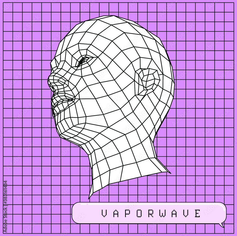 Poster retrofuturistic sci-fi illustration of low poly 3d head, human face structure made of grid.