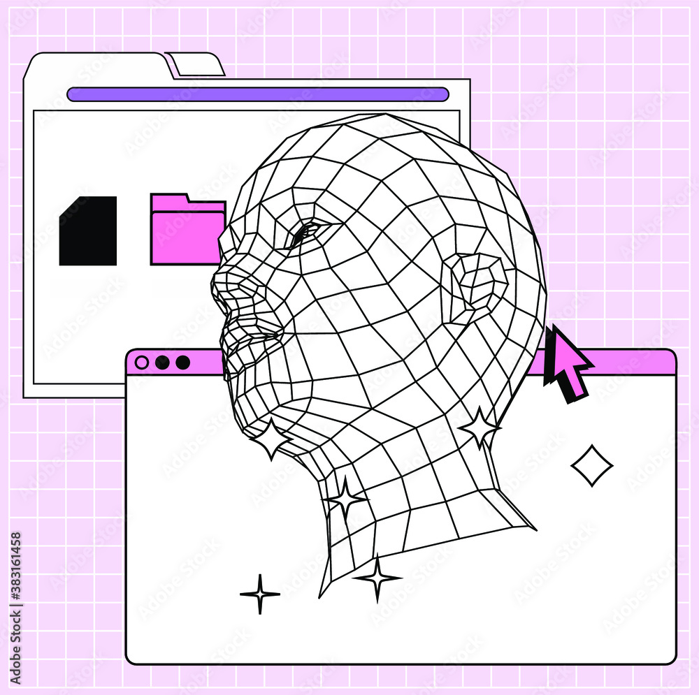 Aufkleber retrofuturistic vector collage of user interface elements and 3d head in cartoon anime or manga styl