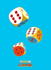 Pop Art poster of three rolling lucky dice double six in the sky