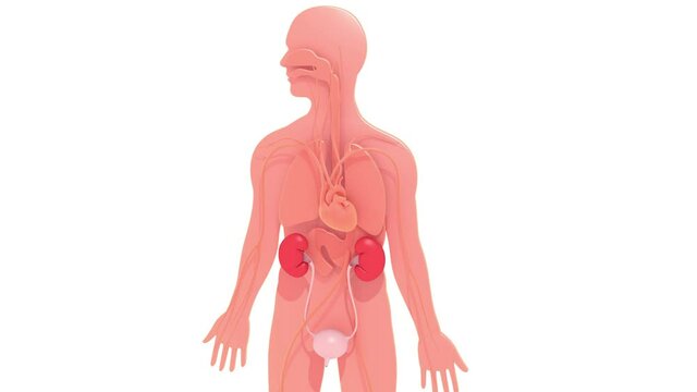 3d animation of the urinary system embossed on the silhouette of a flat human body. Showing other internal organs with shadow. Moving from side to side and zooming in to highlight the kidneys and blad