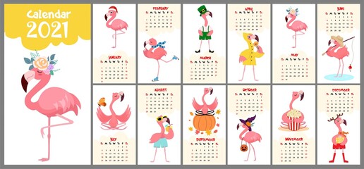 Cute stylized monthly calendar for 2021 with flamingos. Can be used for banner, poster, postcard, postcard and for printing. © Tayisiya