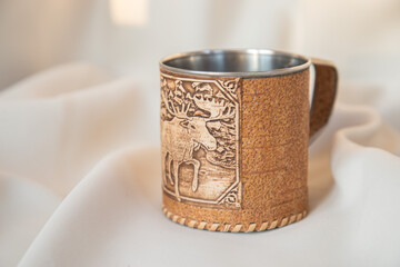 birch bark mug for beer in the bath