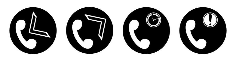 4 Telefon Symbole Icons Eingehend, Ausgehend, Ausrufezeichen / Fehler, Verz&ouml;gerung einfarbig