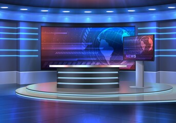 Fototapeta Studio interior for news broadcasting, vector empty placement with anchorman table on pedestal, digital screens for video presentation and neon glowing illumination. Realistic 3d breaking news studio obraz