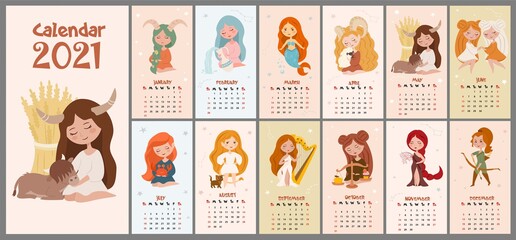 Beautiful zodiac monthly calendar for 2021. Horoscope symbols, astrology. Can be used for banner, poster, postcard, postcard and for printing.