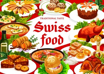Swiss cuisine restaurant food vector poster. Gingerbread leckerli, carrot cake, chicken in dough or duck with orange and pearl barley or cheese soup, beef wellington, veal roll, bread cake