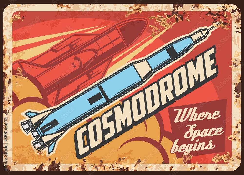 Poster outer space exploration vector rusty metal plate. rockets carry shuttle on board take off cosmodrome