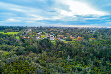 Fototapeta na wymiar Aerial view of houses surrounded by trees near ocean coastline in Melbourne, Australia