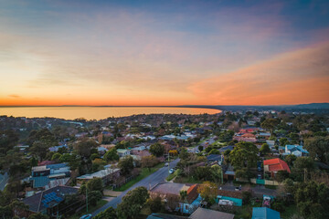 Fototapeta na wymiar Frankston suburb at dusk - aerial landscape. Melbourne, Australia