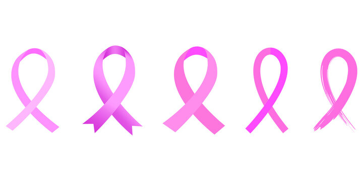 Set of ribbons aids. Cancer patients sign. Pink symbol of awareness. Charity flat signpost. Vector illustration. Stock image.
