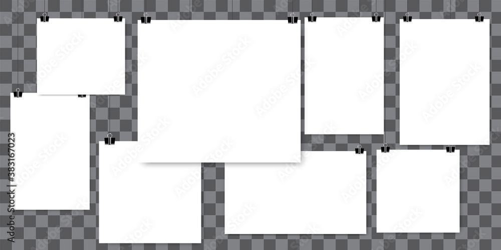 Poster sheets clips in 3d style. white poster hanging. empty white picture frame mockup template isolated. 