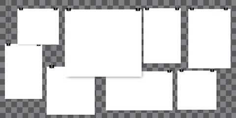 Sheets clips in 3d style. White poster hanging. Empty white picture frame mockup template isolated. Mock up empty paper blank. Vector image.