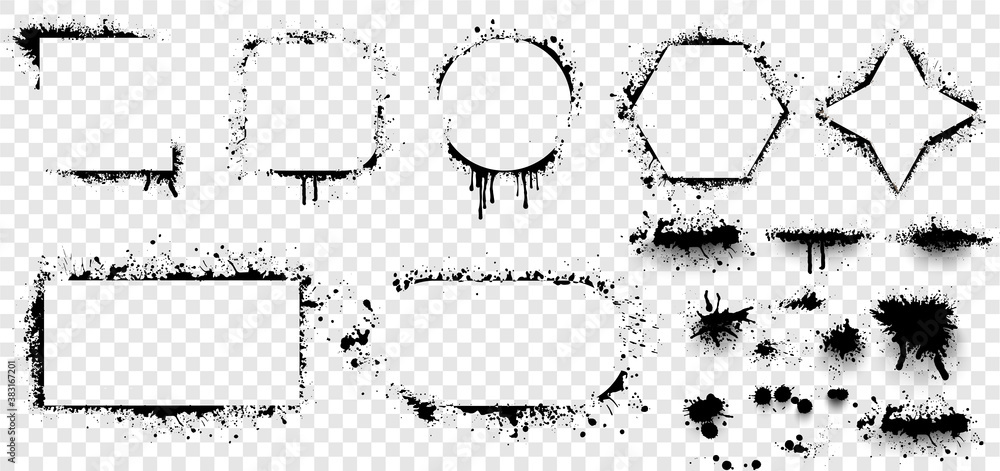 Poster Grunge stencil frames. Set of hand drawn spray paint frames and text banners. Brush splash abstract rectangular stencil border. Isolated vector icons set