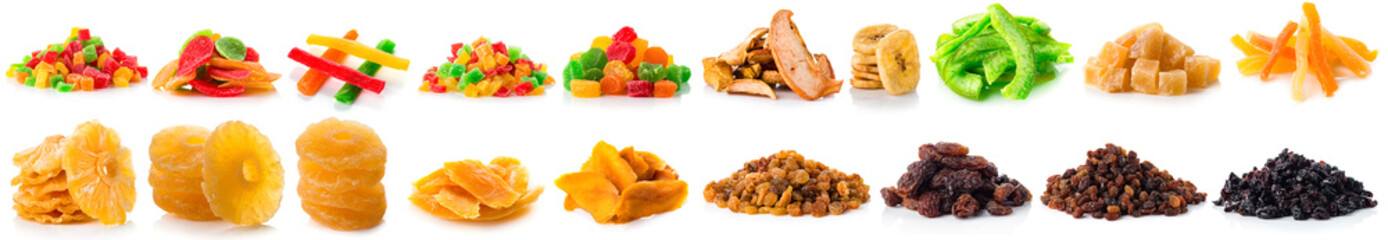 Set of dried fruit candied fruits, pineapples, apples, raisins, bananas and mangoes isolated on a...