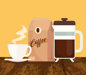 coffee brewing methods, cup with bag and teapot vector illustration design