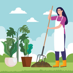 Gardening woman with rake and plants pots design, garden planting and nature theme Vector illustration