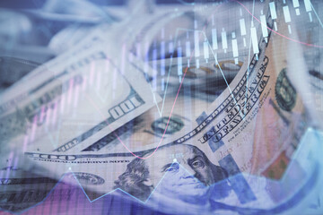 Double exposure of forex graph drawing over us dollars bill background. Concept of financial markets.
