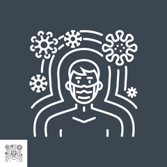 Immunity related vector thin line icon. Man with medical mask protected from virus immunity. Isolated on black background. Editable stroke. Vector illustration.