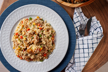 .Rice with chicken, typical Brazilian food - Galinhada. Top view