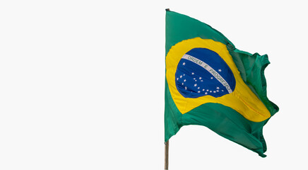 Flag of Brazil on flagpole on white background