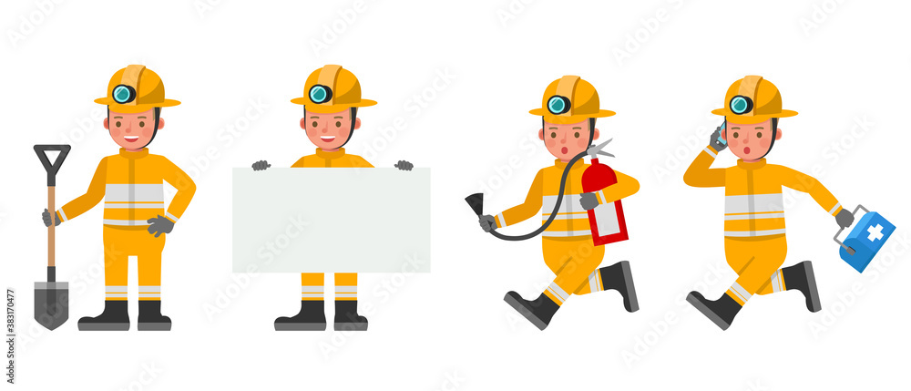 Poster firefighter kid character vector design. presentation in various action with emotions. no2