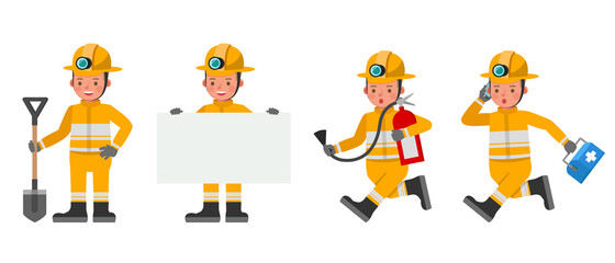 Firefighter kid character vector design. Presentation in various action with emotions. no2