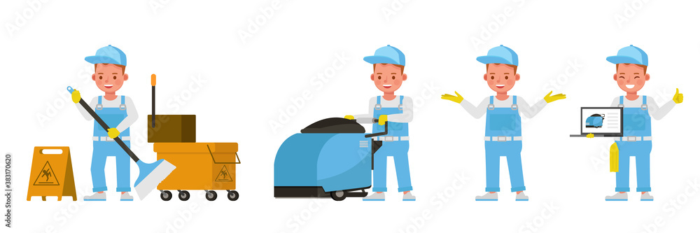 Poster janitor kid character vector design. presentation in various action with emotions. no2