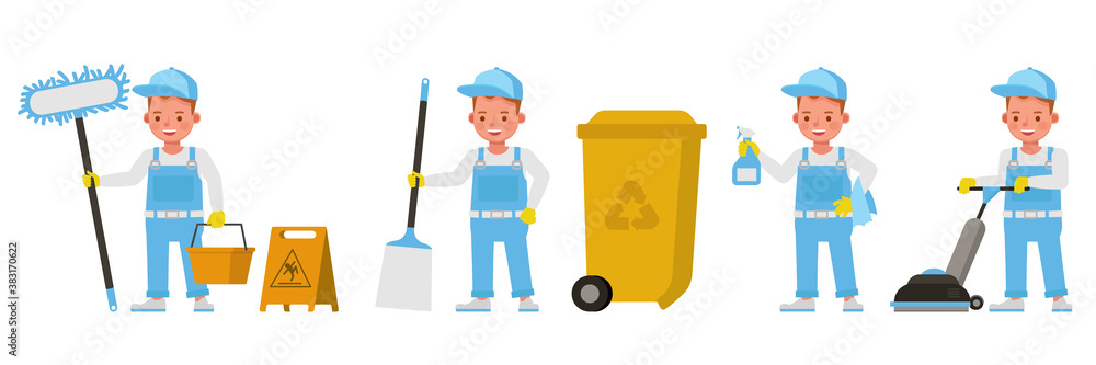 Poster janitor kid character vector design. presentation in various action with emotions. no3